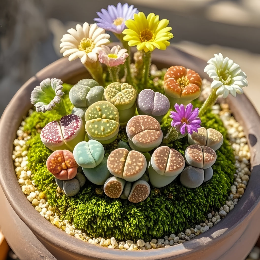8-10 small living rock plants and 1 packet of flower seeds. Low-maintenance plants, easy to care for. Planted in 3.5-inch pots, no need to worry about watering. Super drought-tolerant \