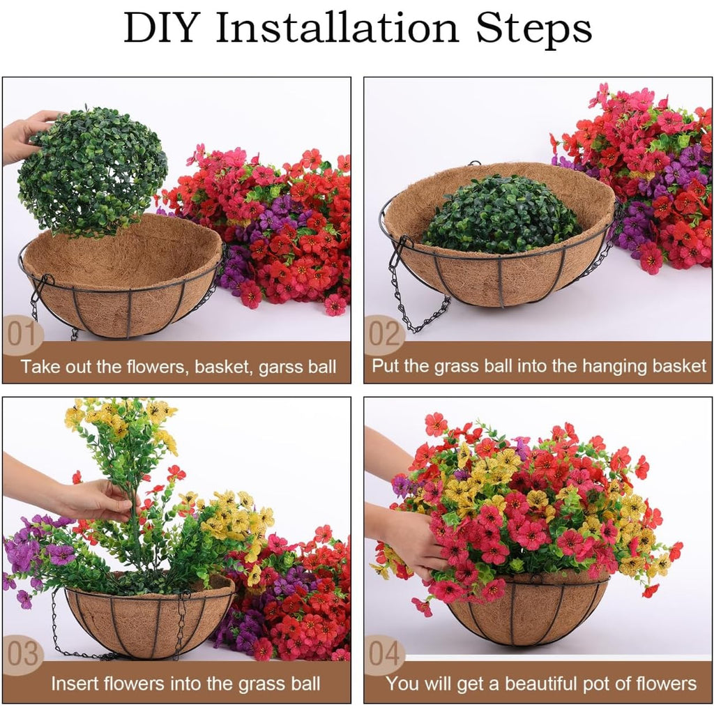 2 Sets of Red Purple Yellow Artificial Flowers with Hanging Baskets- 24pcs Outdoor Spring Summer Decor for Front Porch, Garden& Patio