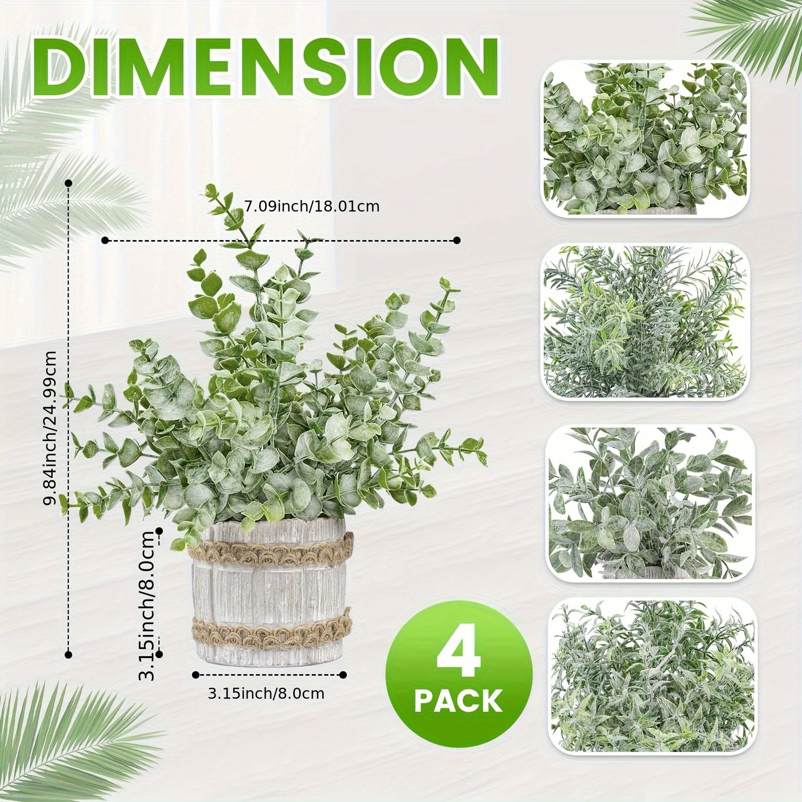 4pcs, Artificial Eucalyptus Potted Plants, Fake Plant Ornaments, Realistic Decorative Green Plants with Flowerpots. Suitable for Home Decoration, Interior Decoration, Outdoor Garden Decoration, Halloween, Easter, Christmas.