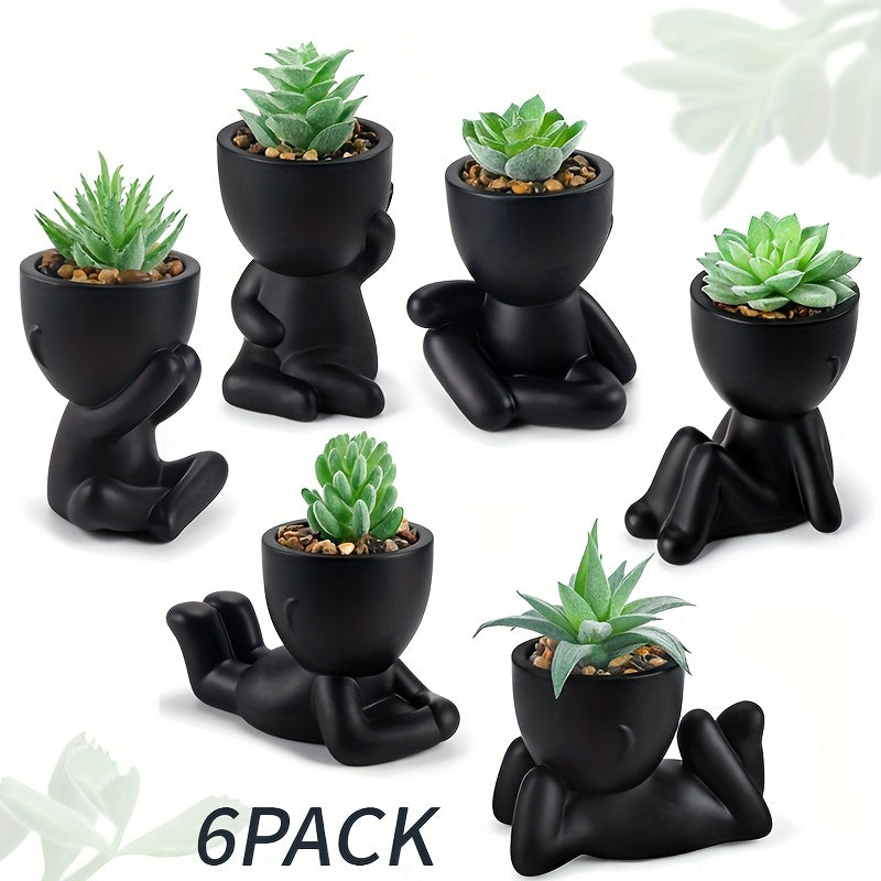 6pcs Black Faux Succulent Plants with Creative Human-Shaped Pots – Small Artificial Succulents for Office & Home Decor, Mini Cute Indoor Desk and Shelf Decoration, Plastic Pot Figurines for Spring Decor, Small Pots for Succulents