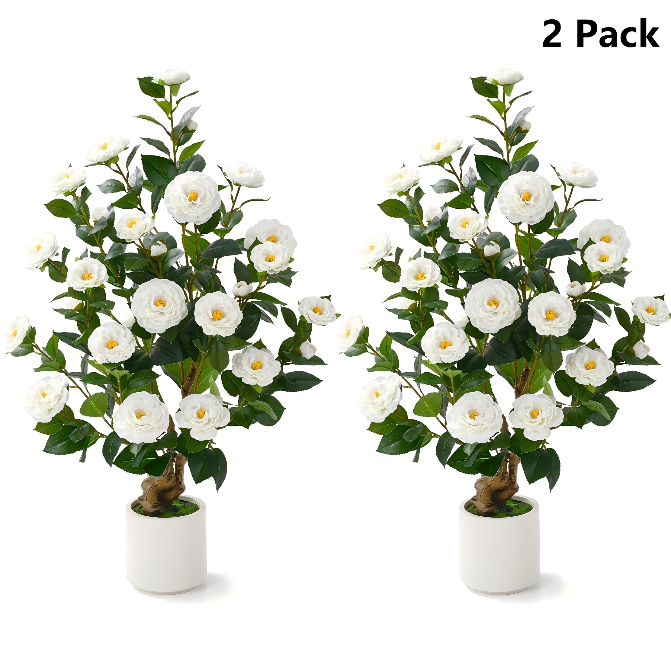 2 Pack Artificial Camellia Tree, 38 Inch Flower Plants Artificial Tree, Faux Floral Plant Blooming Tree In Cement Pot, Greenery Potted Plant for Indoor Outdoor Office Home Porch Decor