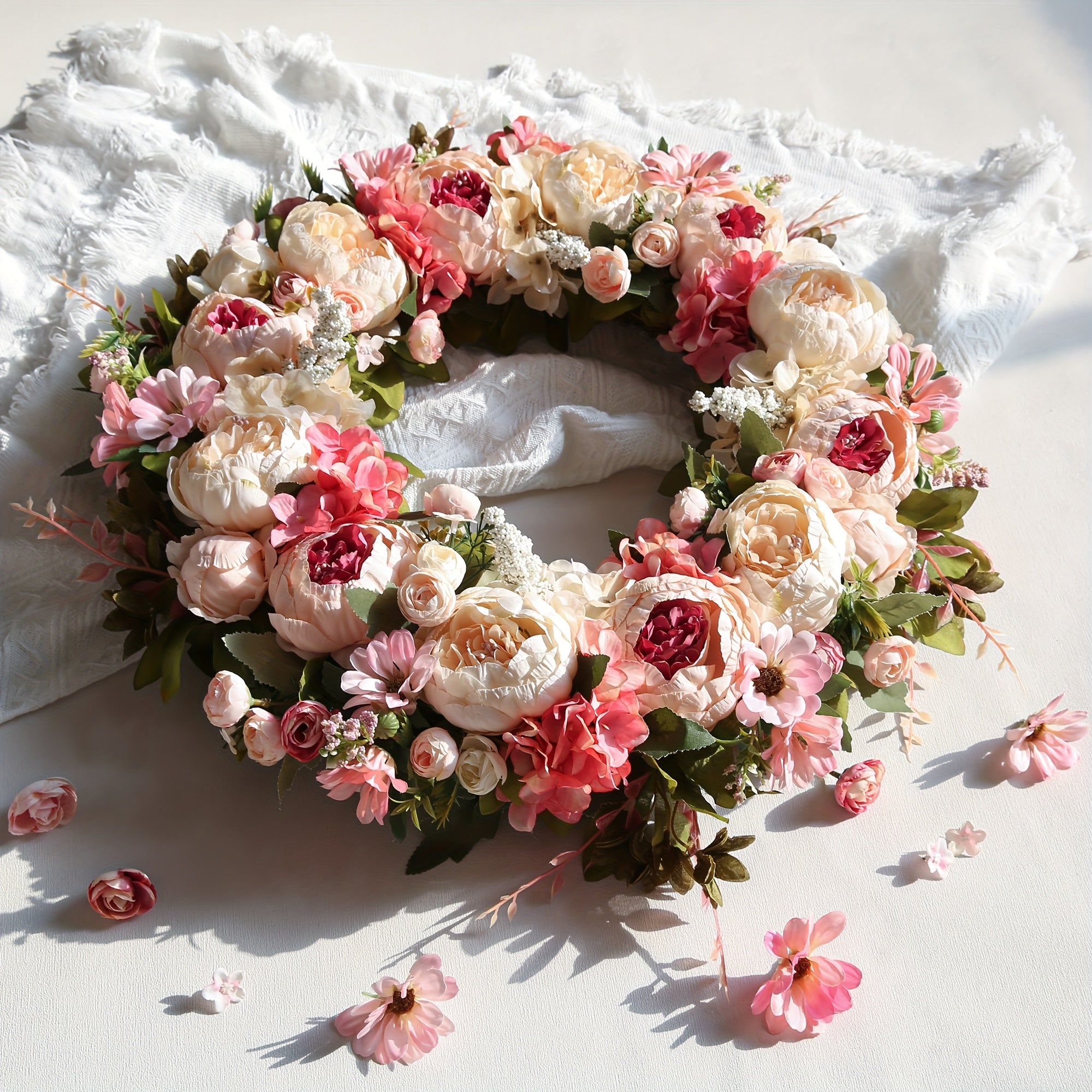 Peony Wreath - Artificial Floral Decoration, Suitable for Front Doors, Walls, Home, Festivals, Weddings, Parties, New Homeowners, Seasonal Decor, And Housewarming Gifts (Pink)