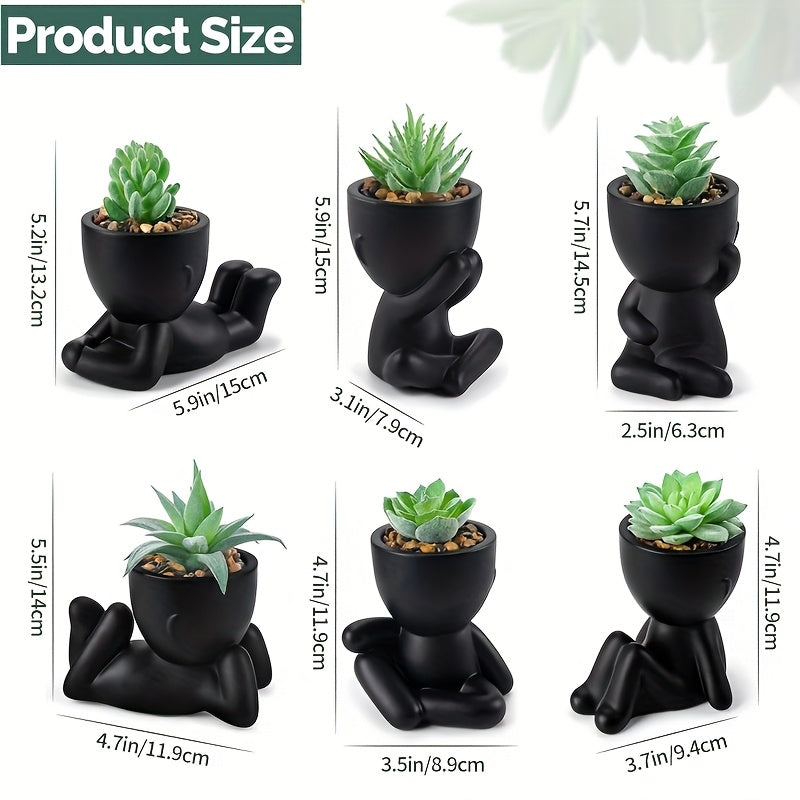 6pcs Black Faux Succulent Plants with Creative Human-Shaped Pots – Small Artificial Succulents for Office & Home Decor, Mini Cute Indoor Desk and Shelf Decoration, Plastic Pot Figurines for Spring Decor, Small Pots for Succulents