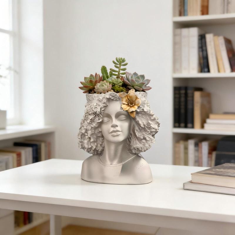 Vintage-Style Head Planter for Indoor Or Outdoor Use, Perfect for Plant Enthusiasts. This Gray Sculpture Adds Charm to Any Garden Or Decor. Gardening Gift Home Decor