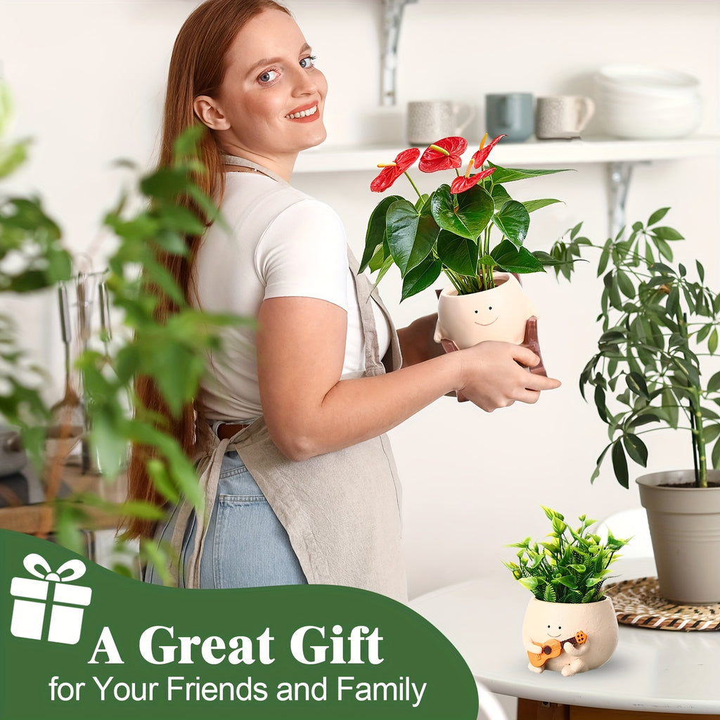 4 Pack Smile Face Ceramic Planter Pot | Small Hanging Swinging Planter Cute Holder for Indoor and Outdoor Plants, Funny Swing Gifts, Lightweight, Unfinished, Tabletop Mounting, Flowers Compatible - MEONUM