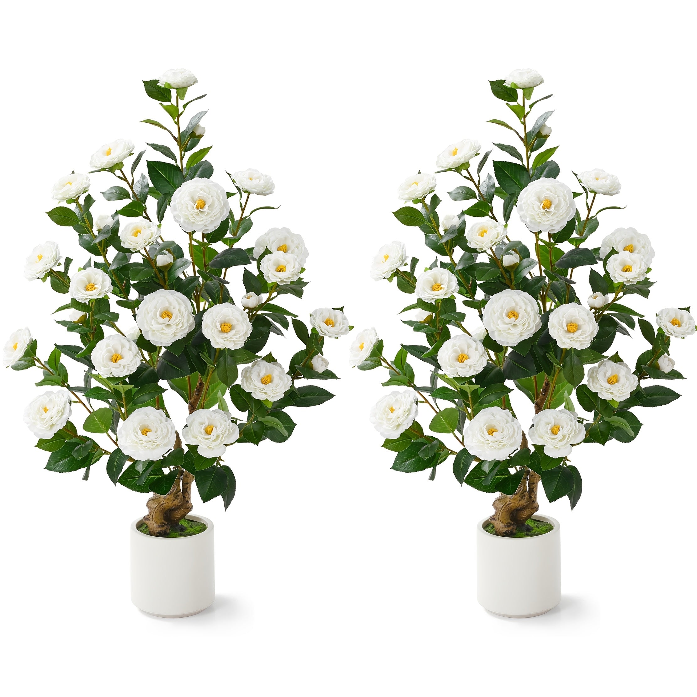 2 Pack Artificial Camellia Tree, 38 Inch Flower Plants Artificial Tree, Faux Floral Plant Blooming Tree In Cement Pot, Greenery Potted Plant for Indoor Outdoor Office Home Porch Decor