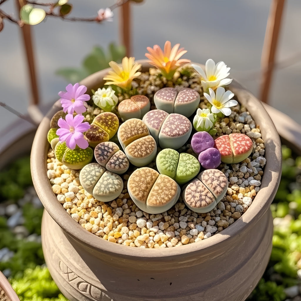 8-10 small living rock plants and 1 packet of flower seeds. Low-maintenance plants, easy to care for. Planted in 3.5-inch pots, no need to worry about watering. Super drought-tolerant \