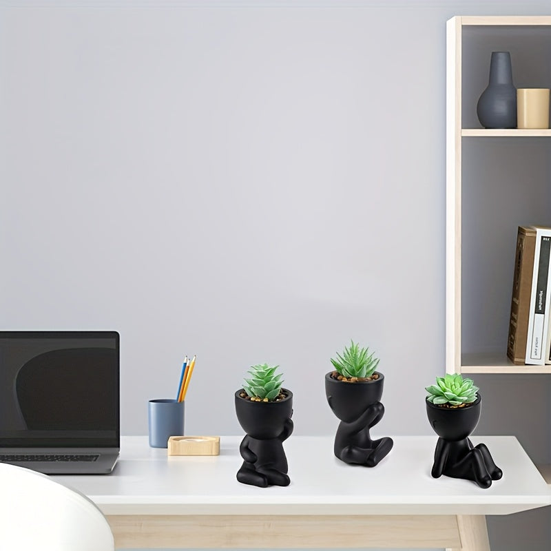 6pcs Black Faux Succulent Plants with Creative Human-Shaped Pots – Small Artificial Succulents for Office & Home Decor, Mini Cute Indoor Desk and Shelf Decoration, Plastic Pot Figurines for Spring Decor, Small Pots for Succulents