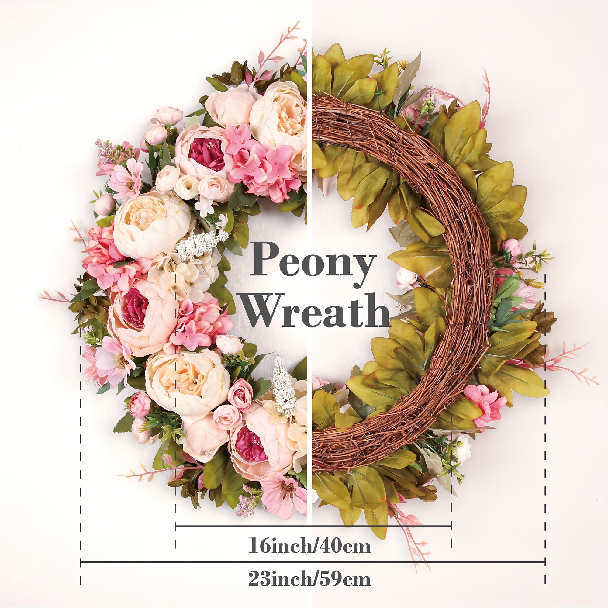 Peony Wreath - Artificial Floral Decoration, Suitable for Front Doors, Walls, Home, Festivals, Weddings, Parties, New Homeowners, Seasonal Decor, And Housewarming Gifts (Pink)