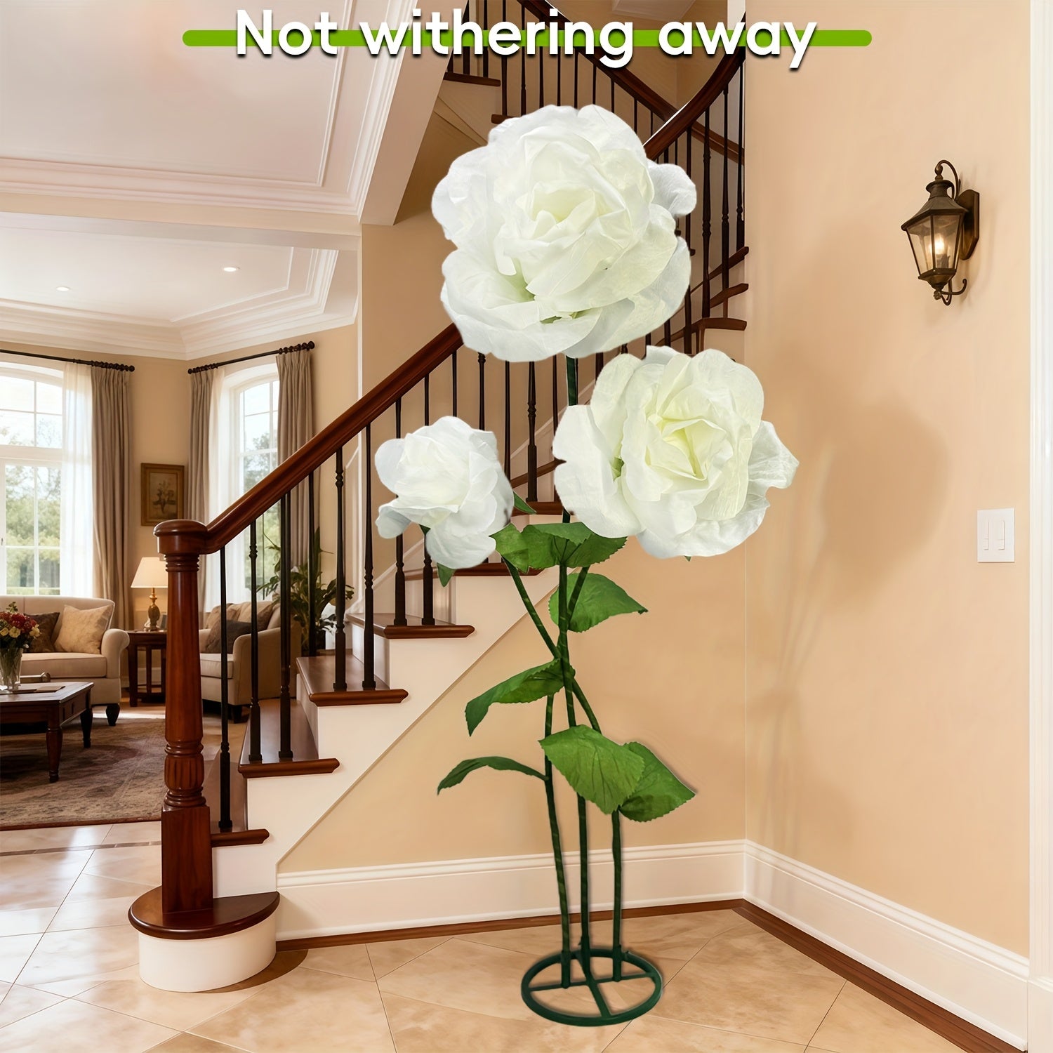 Lifelike & Maintenance-Free 6.3ft Giant Artificial Roses with Stand - Set Of 3 Realistic Large Fake Rose Decor for Wedding Arch Backdrop, Garden, Courtyard, Home, Living Room, Party, Graduation & Shop Window Display