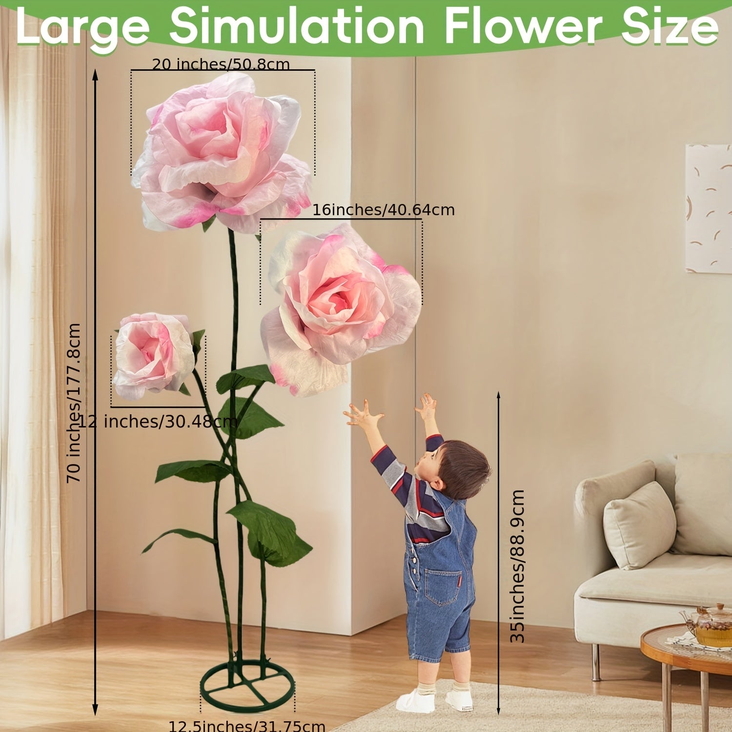 Lifelike & Maintenance-Free 6.3ft Giant Artificial Roses with Stand - Set Of 3 Realistic Large Fake Rose Decor for Wedding Arch Backdrop, Garden, Courtyard, Home, Living Room, Party, Graduation & Shop Window Display