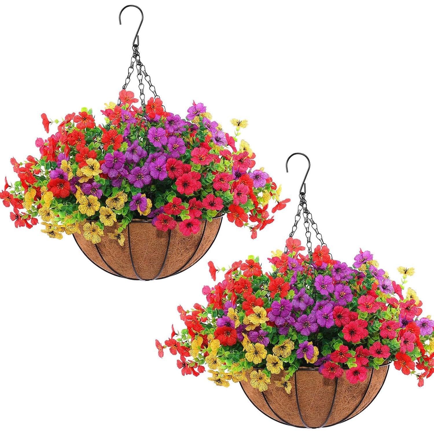 2 Sets of Red Purple Yellow Artificial Flowers with Hanging Baskets- 24pcs Outdoor Spring Summer Decor for Front Porch, Garden& Patio