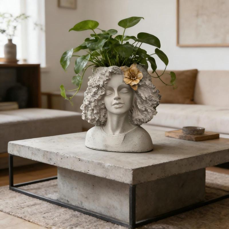 Vintage-Style Head Planter for Indoor Or Outdoor Use, Perfect for Plant Enthusiasts. This Gray Sculpture Adds Charm to Any Garden Or Decor. Gardening Gift Home Decor
