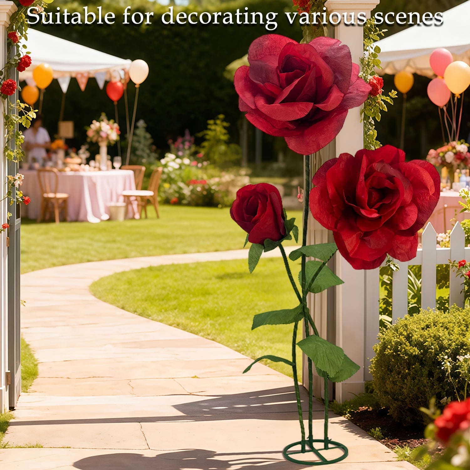 Lifelike & Maintenance-Free 6.3ft Giant Artificial Roses with Stand - Set Of 3 Realistic Large Fake Rose Decor for Wedding Arch Backdrop, Garden, Courtyard, Home, Living Room, Party, Graduation & Shop Window Display