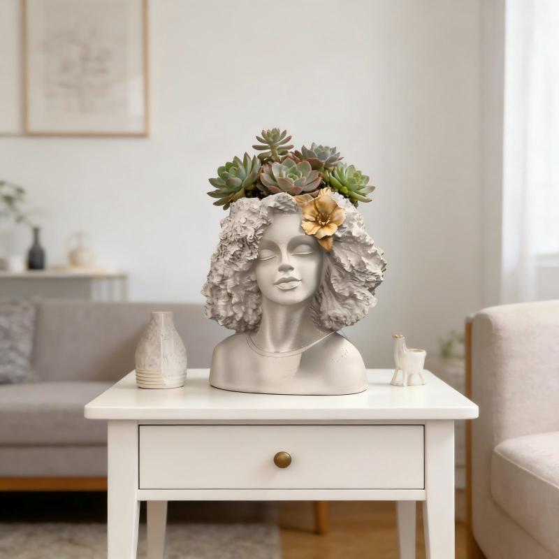 Vintage-Style Head Planter for Indoor Or Outdoor Use, Perfect for Plant Enthusiasts. This Gray Sculpture Adds Charm to Any Garden Or Decor. Gardening Gift Home Decor