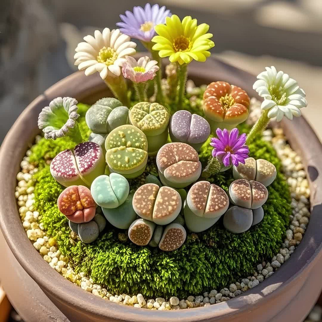8-10 small living rock plants and 1 packet of flower seeds. Low-maintenance plants, easy to care for. Planted in 3.5-inch pots, no need to worry about watering. Super drought-tolerant \