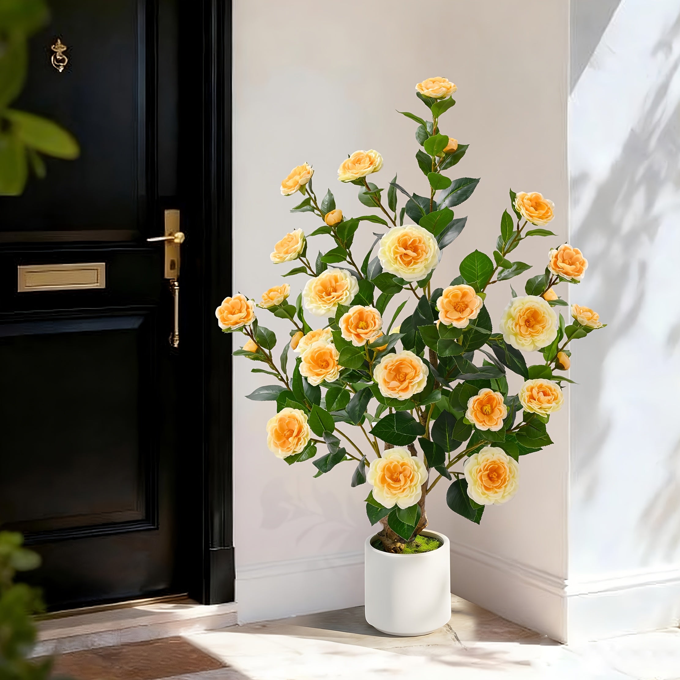 2 Pack Artificial Camellia Tree, 38 Inch Flower Plants Artificial Tree, Faux Floral Plant Blooming Tree In Cement Pot, Greenery Potted Plant for Indoor Outdoor Office Home Porch Decor