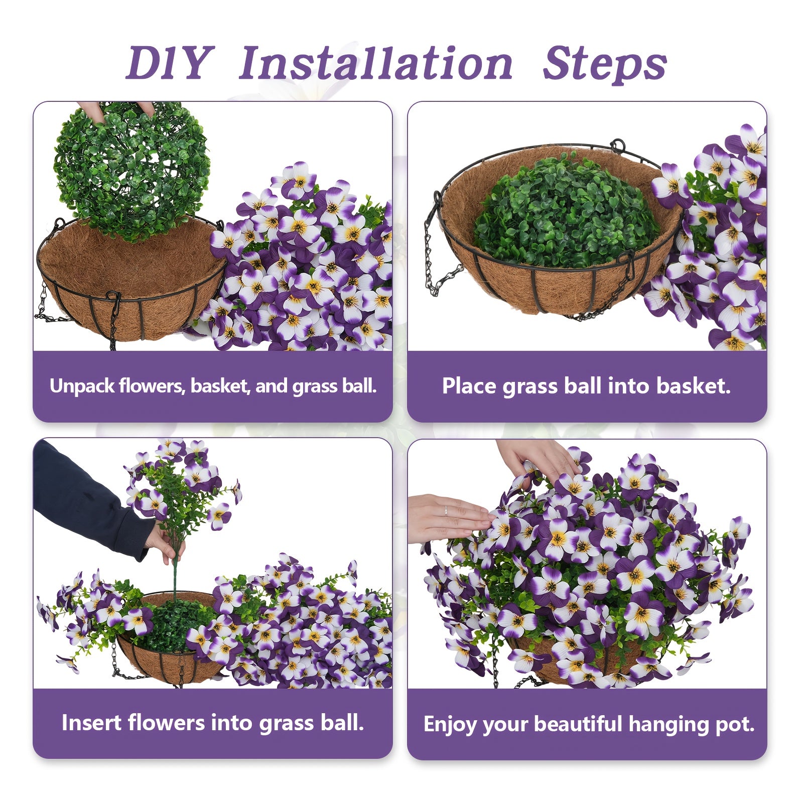 2 Sets (including 20 Bundles of Purple and White Violet Flowers) of Artificial Plant Hanging Baskets | Realistic Flowers and Evergreen Leaves for Terrace, Courtyard, Front Porch, Garden Decoration, Ideal for Spring and Summer Atmosphere