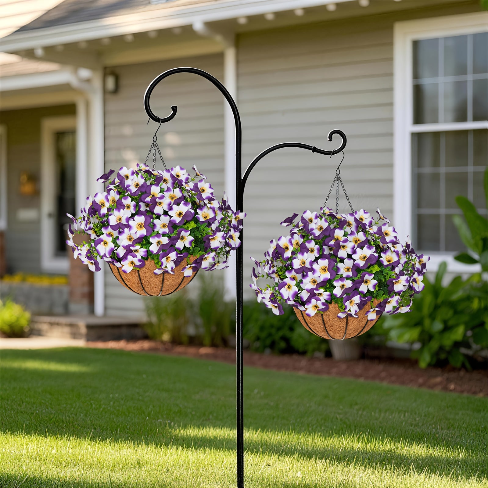 2 Sets (including 20 Bundles of Purple and White Violet Flowers) of Artificial Plant Hanging Baskets | Realistic Flowers and Evergreen Leaves for Terrace, Courtyard, Front Porch, Garden Decoration, Ideal for Spring and Summer Atmosphere