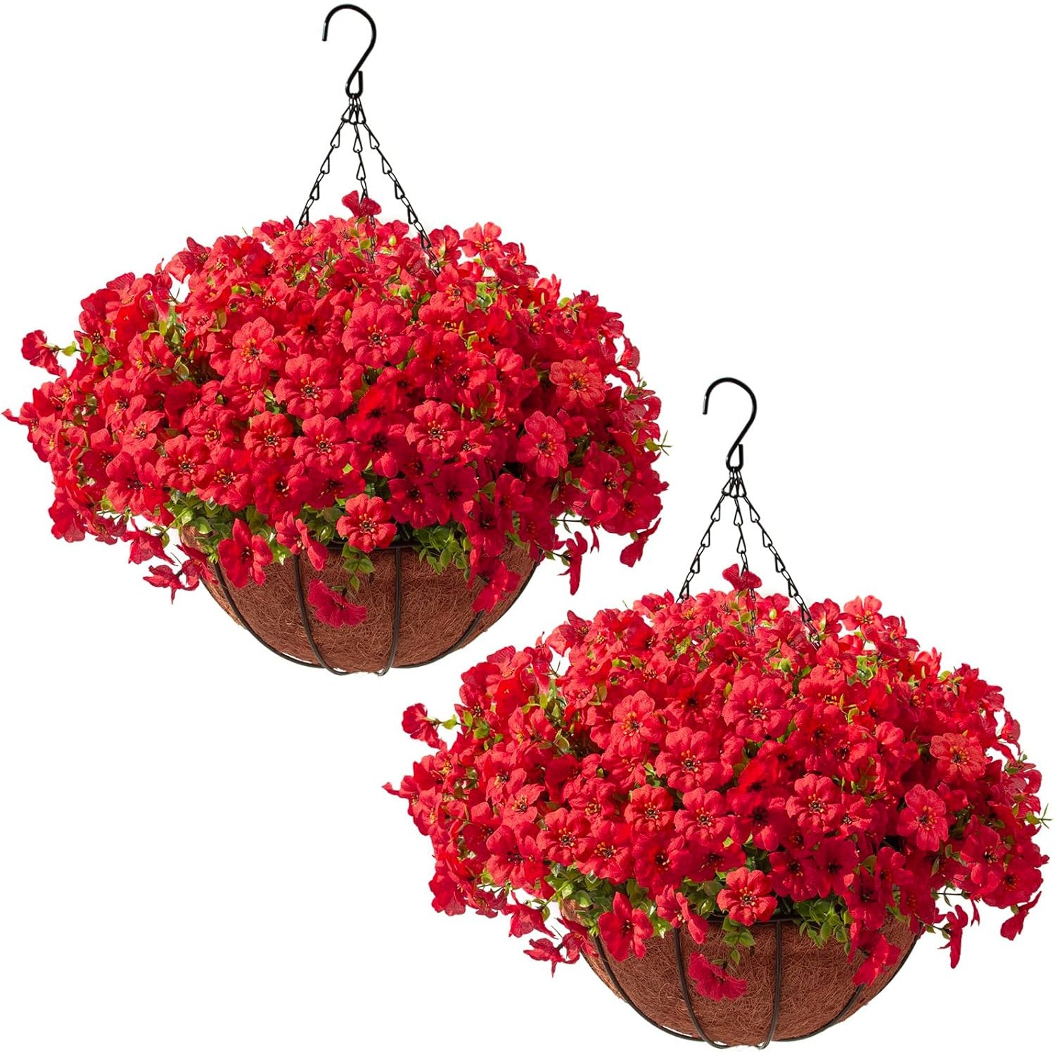 2 Sets of Red Purple Yellow Artificial Flowers with Hanging Baskets- 24pcs Outdoor Spring Summer Decor for Front Porch, Garden& Patio