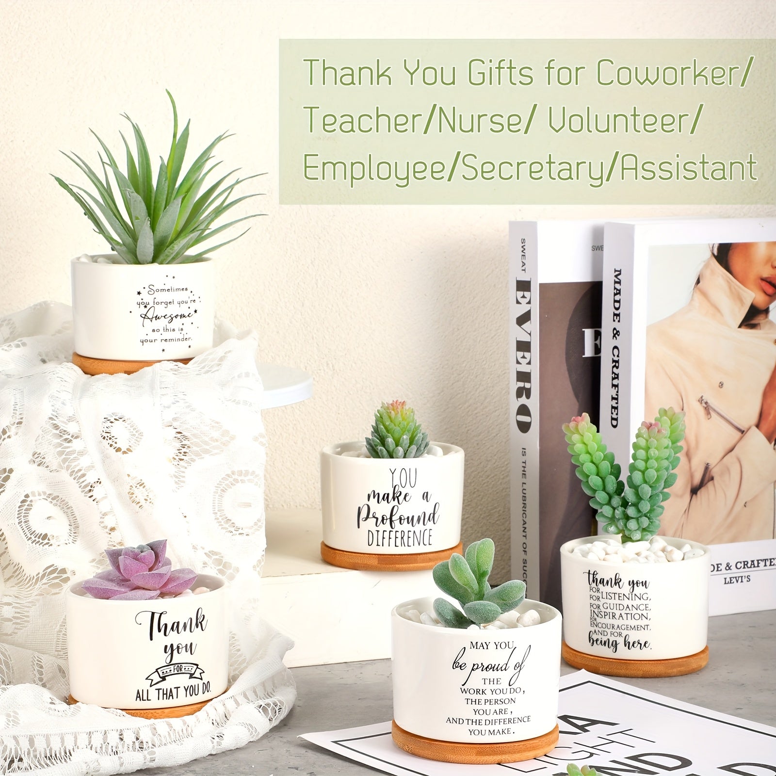 Set of 20 Succulent Plants in Ceramic Pots for Employee Appreciation Gifts, Complete with Bamboo Trays, Perfect for Coworkers And Women. gardening gift home decor