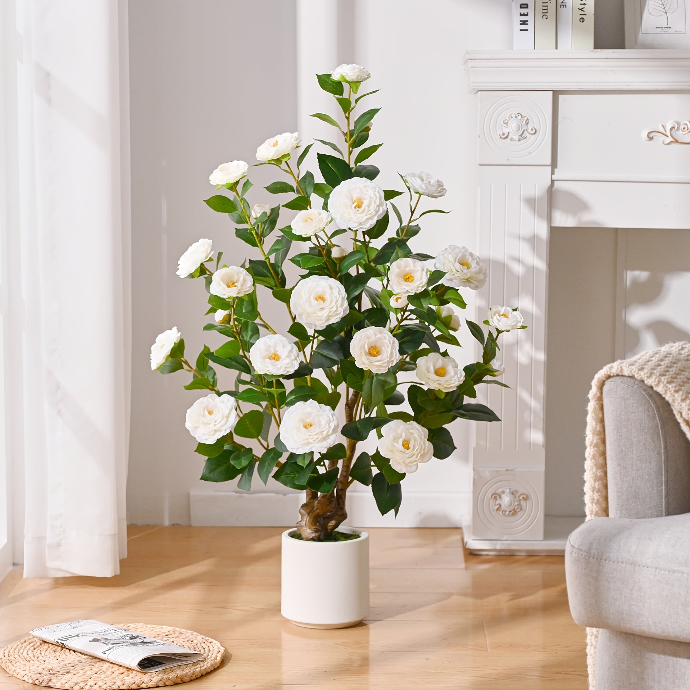 2 Pack Artificial Camellia Tree, 38 Inch Flower Plants Artificial Tree, Faux Floral Plant Blooming Tree In Cement Pot, Greenery Potted Plant for Indoor Outdoor Office Home Porch Decor