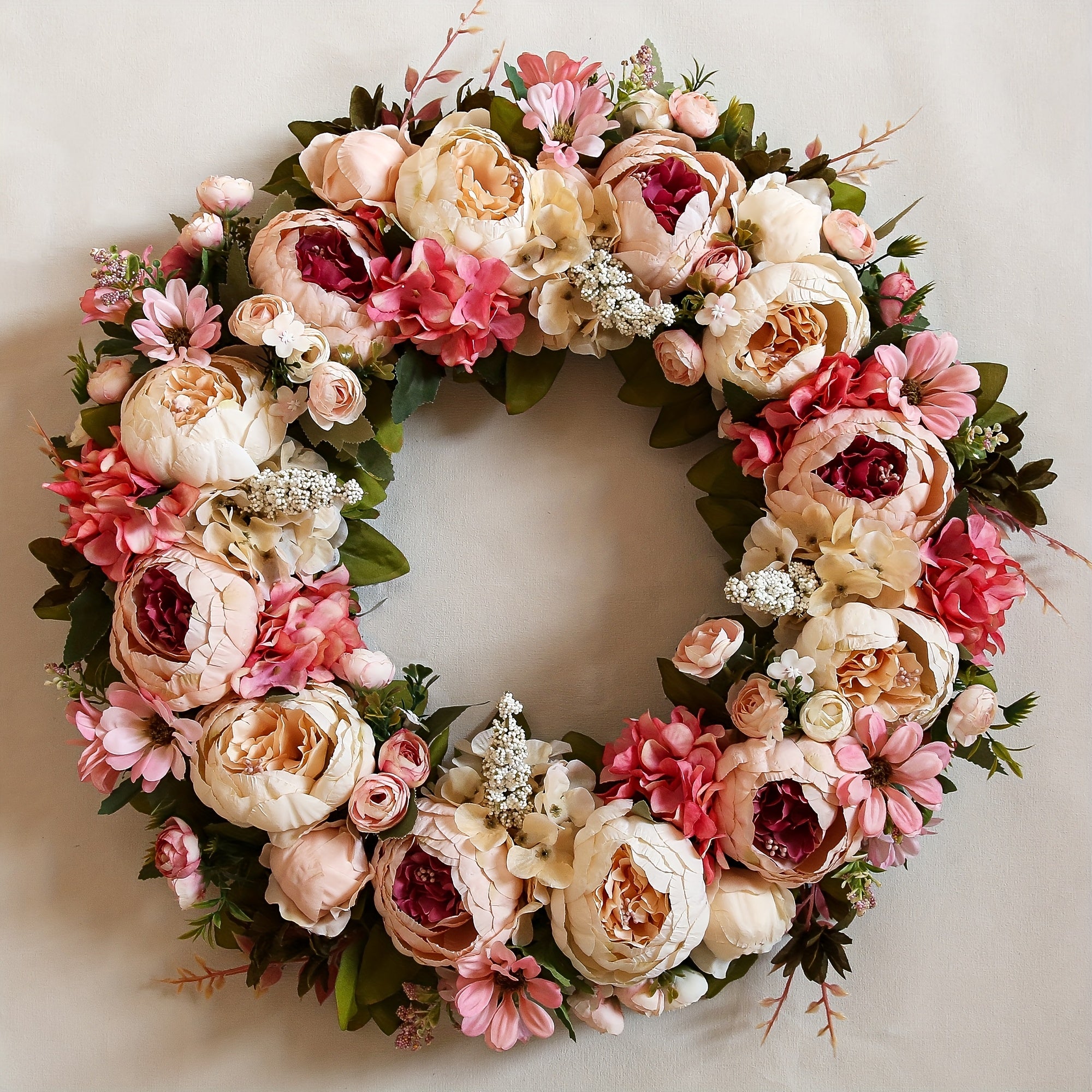 Peony Wreath - Artificial Floral Decoration, Suitable for Front Doors, Walls, Home, Festivals, Weddings, Parties, New Homeowners, Seasonal Decor, And Housewarming Gifts (Pink)
