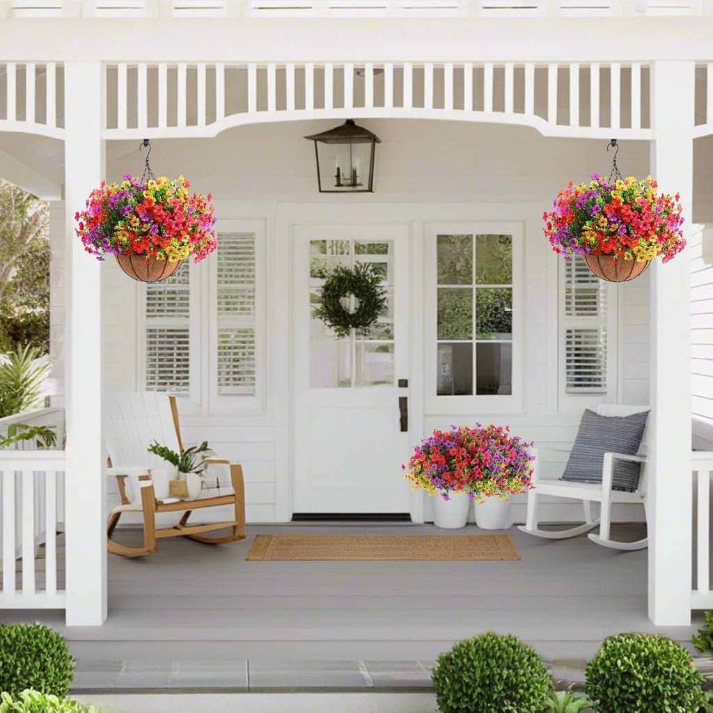 2 Sets of Red Purple Yellow Artificial Flowers with Hanging Baskets- 24pcs Outdoor Spring Summer Decor for Front Porch, Garden& Patio