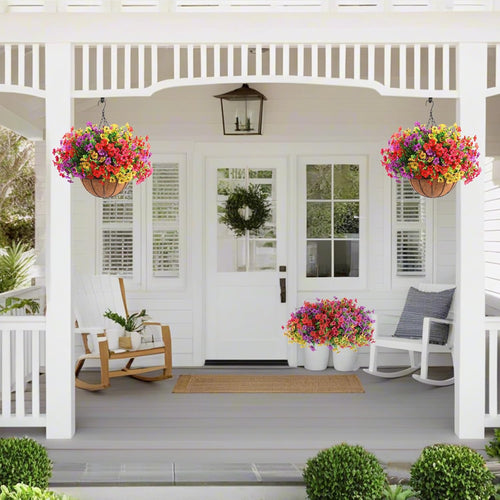 2 Sets of Red Purple Yellow Artificial Flowers with Hanging Baskets- 24pcs Outdoor Spring Summer Decor for Front Porch, Garden& Patio