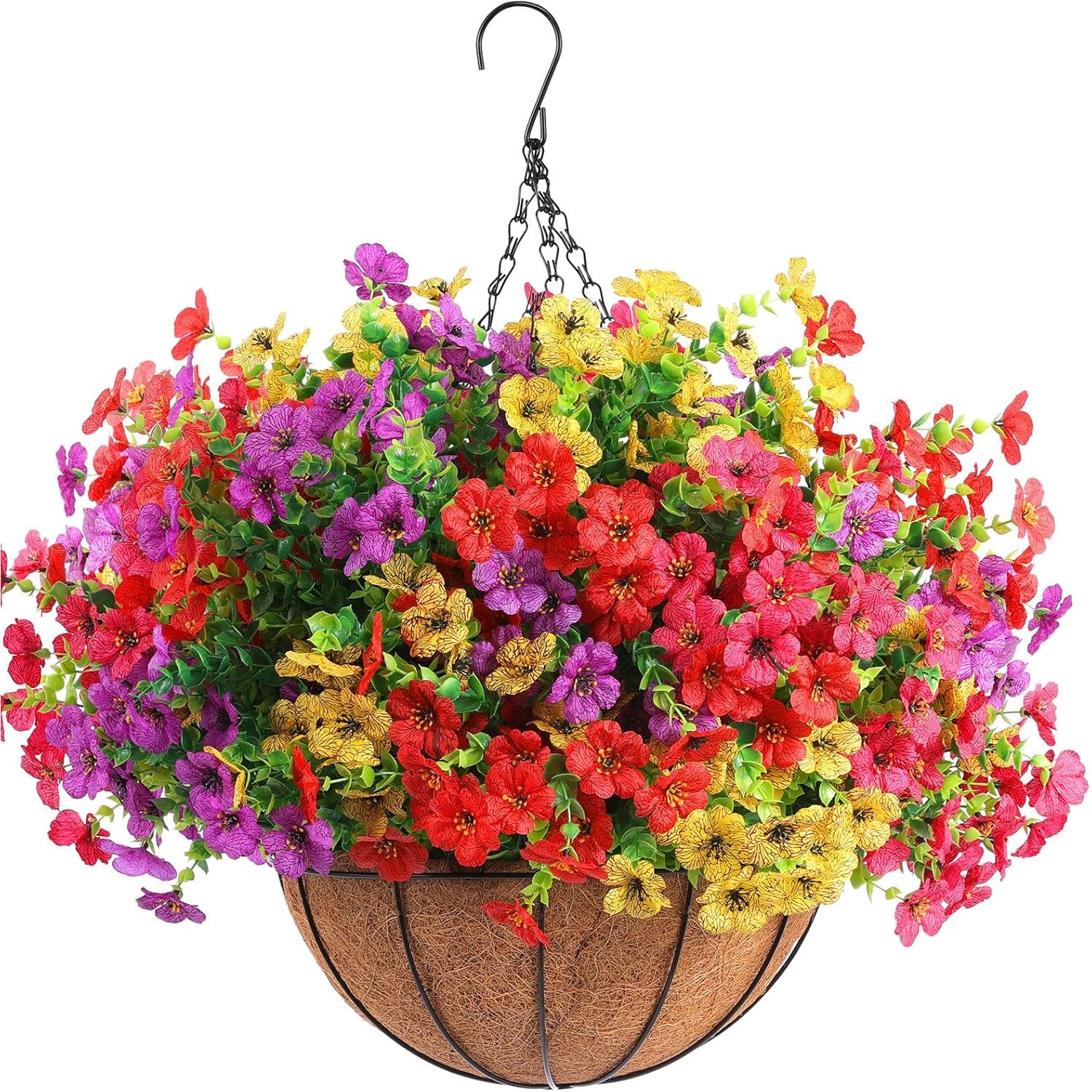 2 Sets of Red Purple Yellow Artificial Flowers with Hanging Baskets- 24pcs Outdoor Spring Summer Decor for Front Porch, Garden& Patio