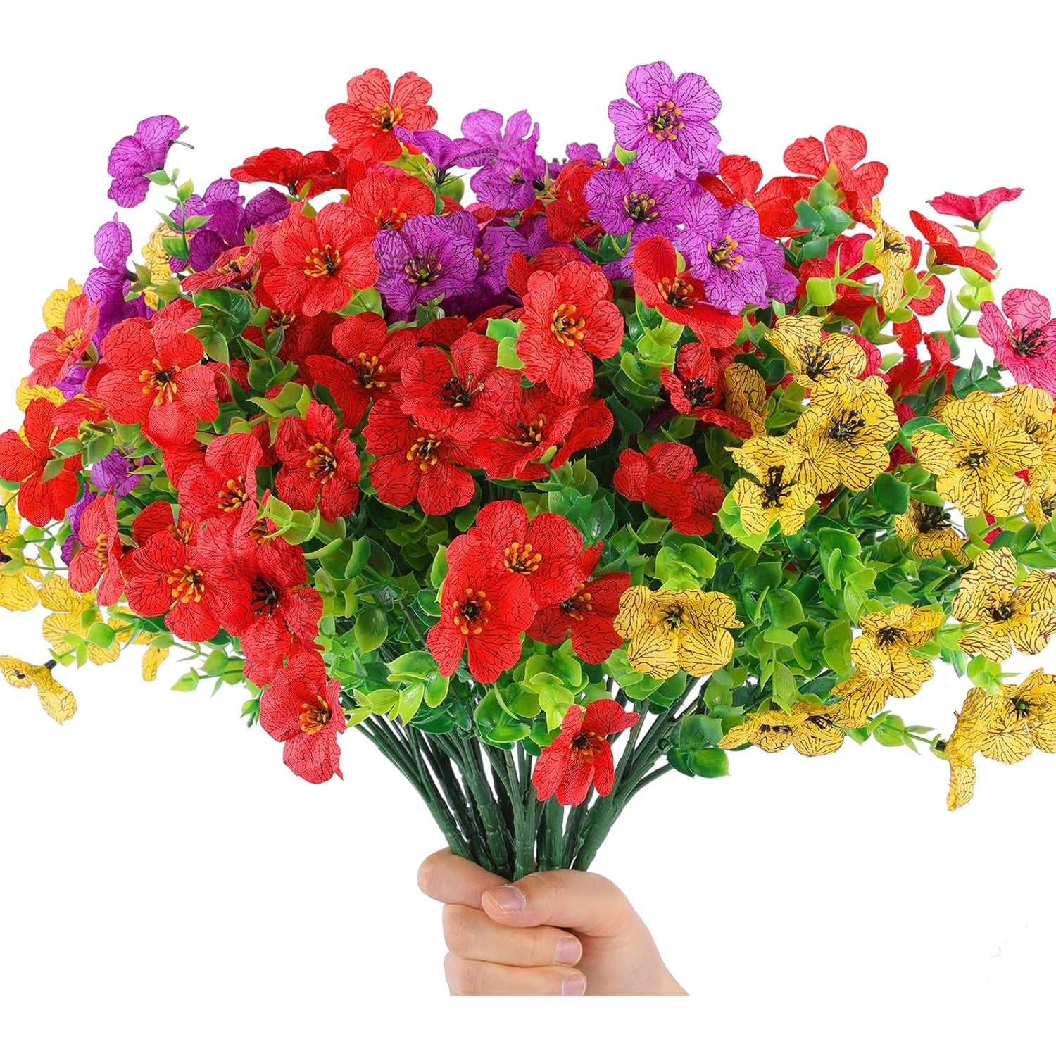 2 Sets of Red Purple Yellow Artificial Flowers with Hanging Baskets- 24pcs Outdoor Spring Summer Decor for Front Porch, Garden& Patio