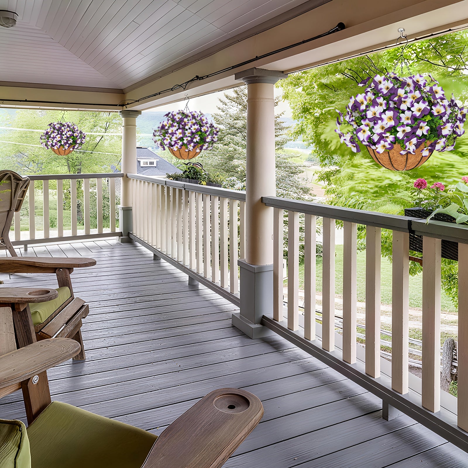 2 Sets (including 20 Bundles of Purple and White Violet Flowers) of Artificial Plant Hanging Baskets | Realistic Flowers and Evergreen Leaves for Terrace, Courtyard, Front Porch, Garden Decoration, Ideal for Spring and Summer Atmosphere