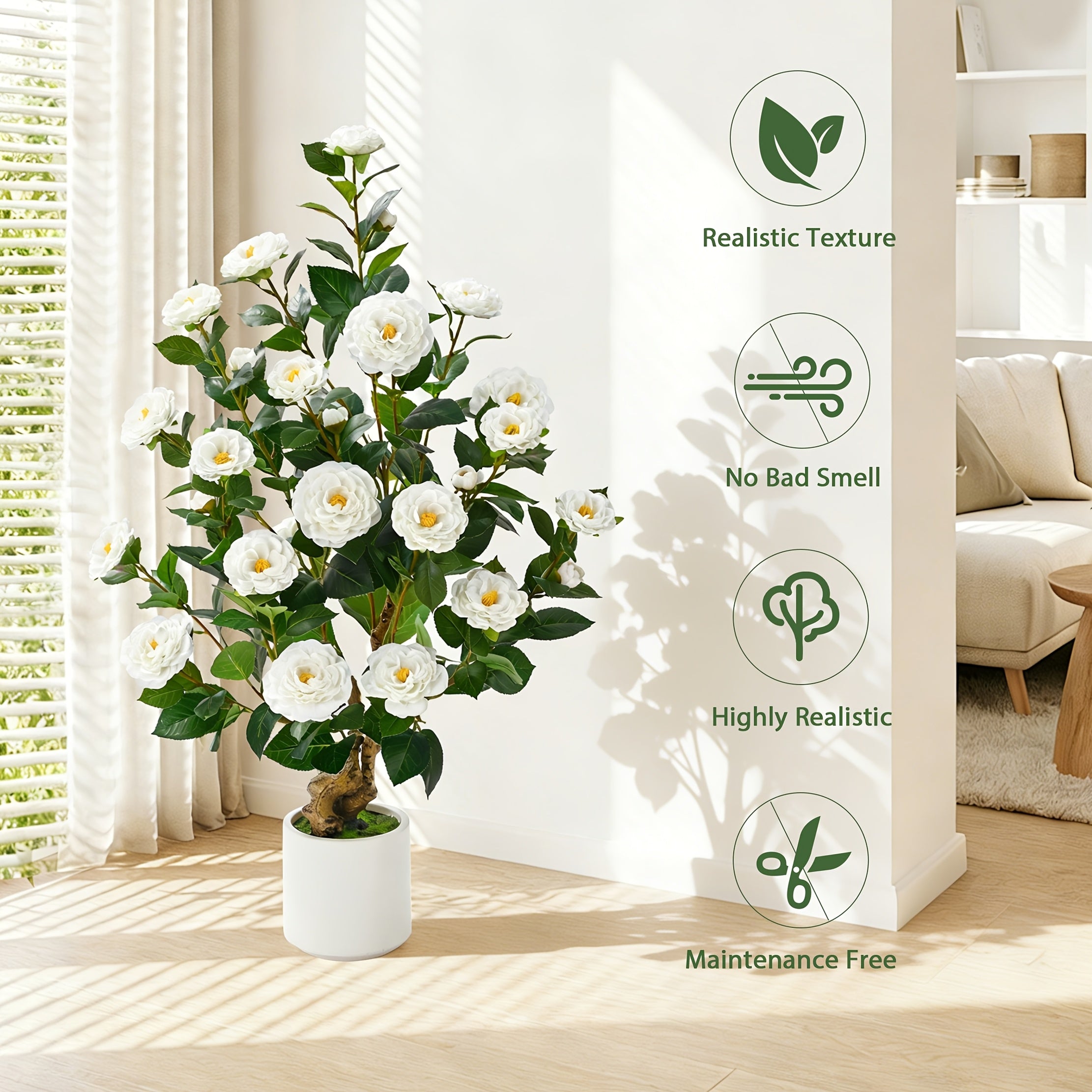 2 Pack Artificial Camellia Tree, 38 Inch Flower Plants Artificial Tree, Faux Floral Plant Blooming Tree In Cement Pot, Greenery Potted Plant for Indoor Outdoor Office Home Porch Decor