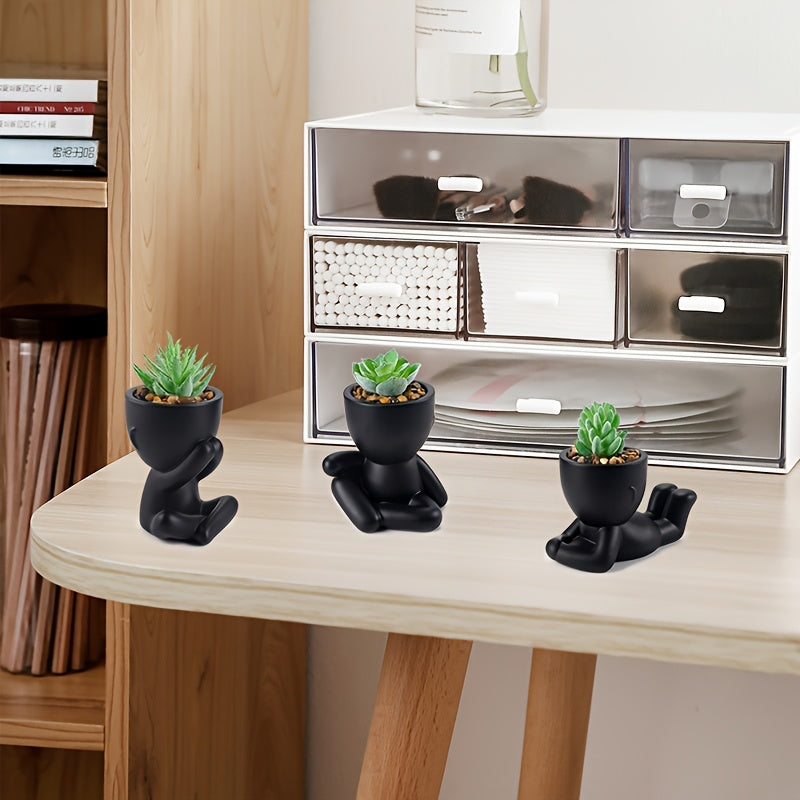 6pcs Black Faux Succulent Plants with Creative Human-Shaped Pots – Small Artificial Succulents for Office & Home Decor, Mini Cute Indoor Desk and Shelf Decoration, Plastic Pot Figurines for Spring Decor, Small Pots for Succulents