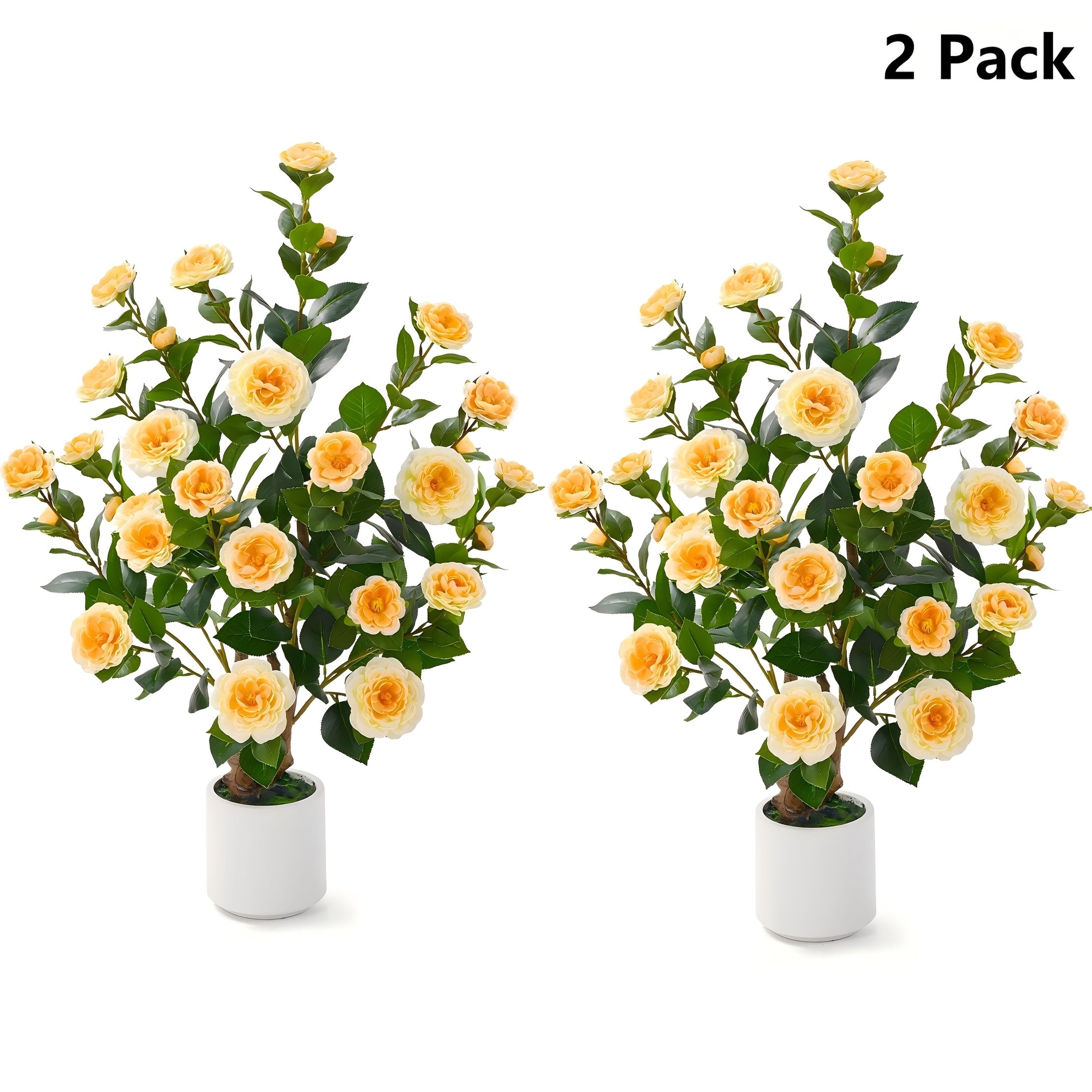 2 Pack Artificial Camellia Tree, 38 Inch Flower Plants Artificial Tree, Faux Floral Plant Blooming Tree In Cement Pot, Greenery Potted Plant for Indoor Outdoor Office Home Porch Decor