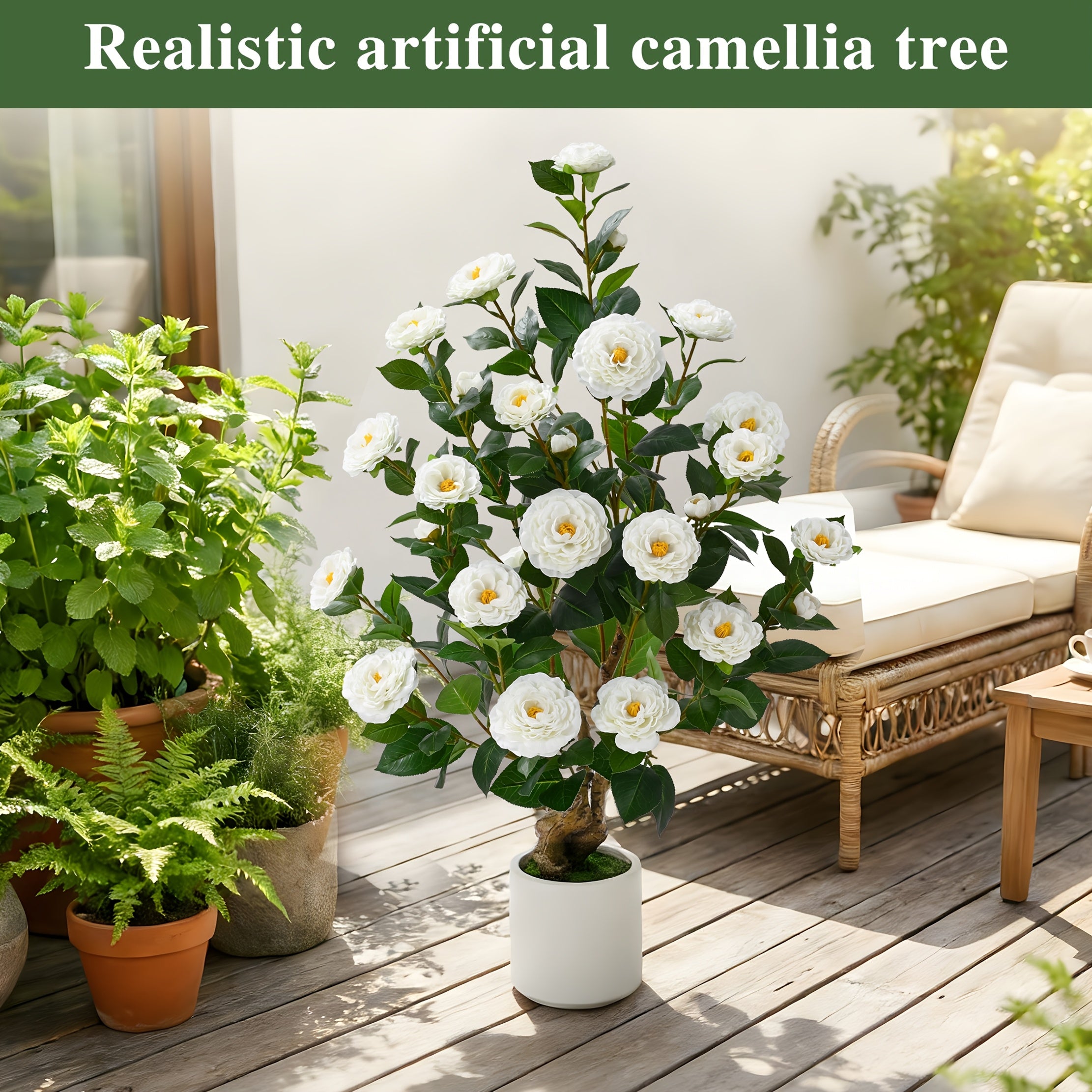 2 Pack Artificial Camellia Tree, 38 Inch Flower Plants Artificial Tree, Faux Floral Plant Blooming Tree In Cement Pot, Greenery Potted Plant for Indoor Outdoor Office Home Porch Decor