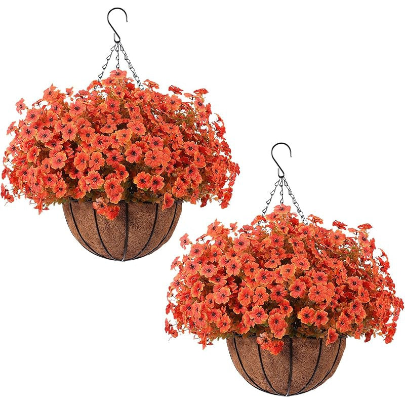 2 Sets of Red Purple Yellow Artificial Flowers with Hanging Baskets- 24pcs Outdoor Spring Summer Decor for Front Porch, Garden& Patio