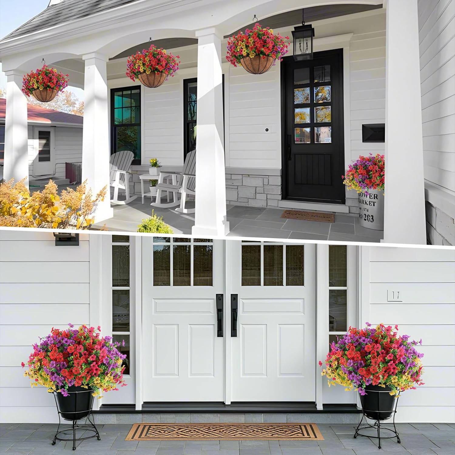 2 Sets of Red Purple Yellow Artificial Flowers with Hanging Baskets- 24pcs Outdoor Spring Summer Decor for Front Porch, Garden& Patio