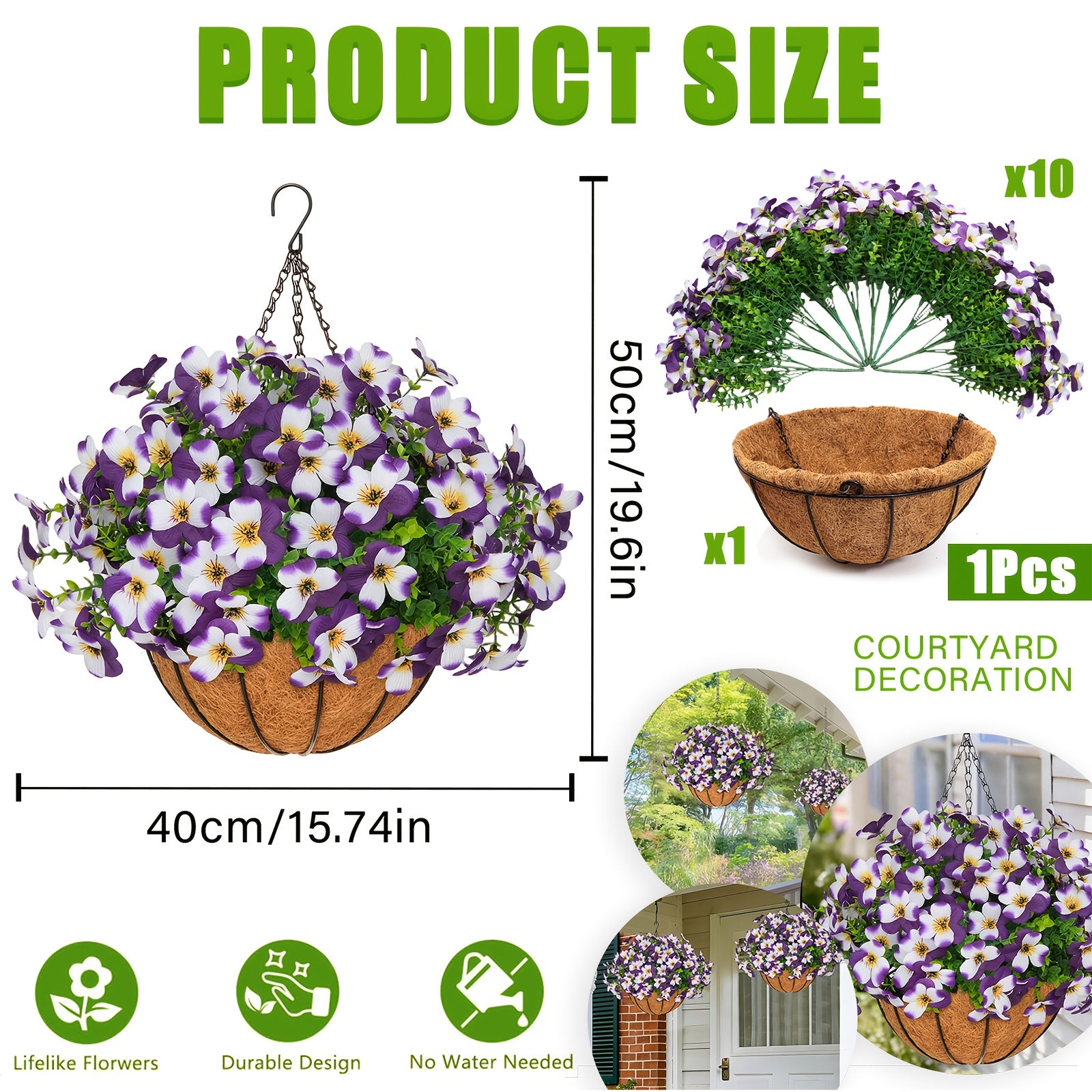 2 Sets (including 20 Bundles of Purple and White Violet Flowers) of Artificial Plant Hanging Baskets | Realistic Flowers and Evergreen Leaves for Terrace, Courtyard, Front Porch, Garden Decoration, Ideal for Spring and Summer Atmosphere